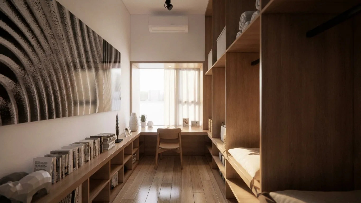 Study nook with a reading corner and wood storage shelving beside the floor-to-ceiling window