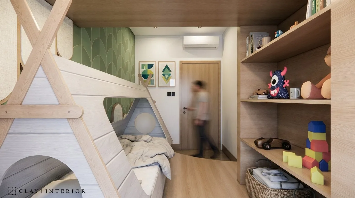 View from the tent bed towards the door, with timber open shelves holding blocks and toys on the right