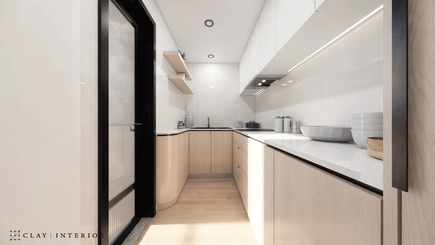 Kitchen L-shaped counter with wood-grain storage cabinetry