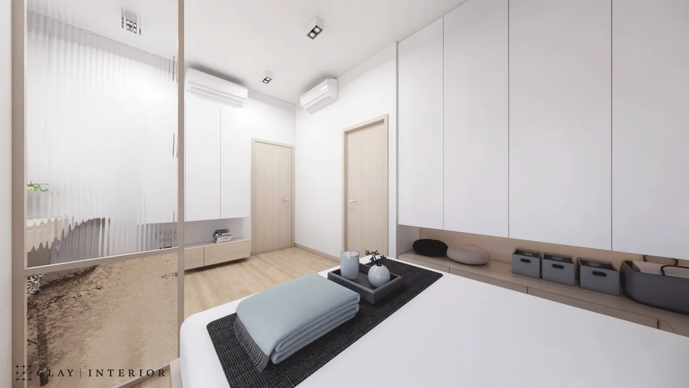 Bedroom sliding door and wall-mounted storage bench
