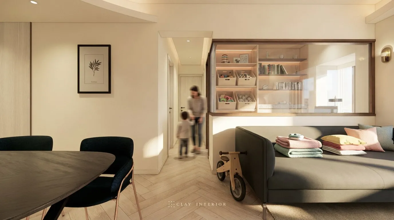 View from the dining area to the study's glass window, shelves with storage baskets inside and the living-room sofa beside