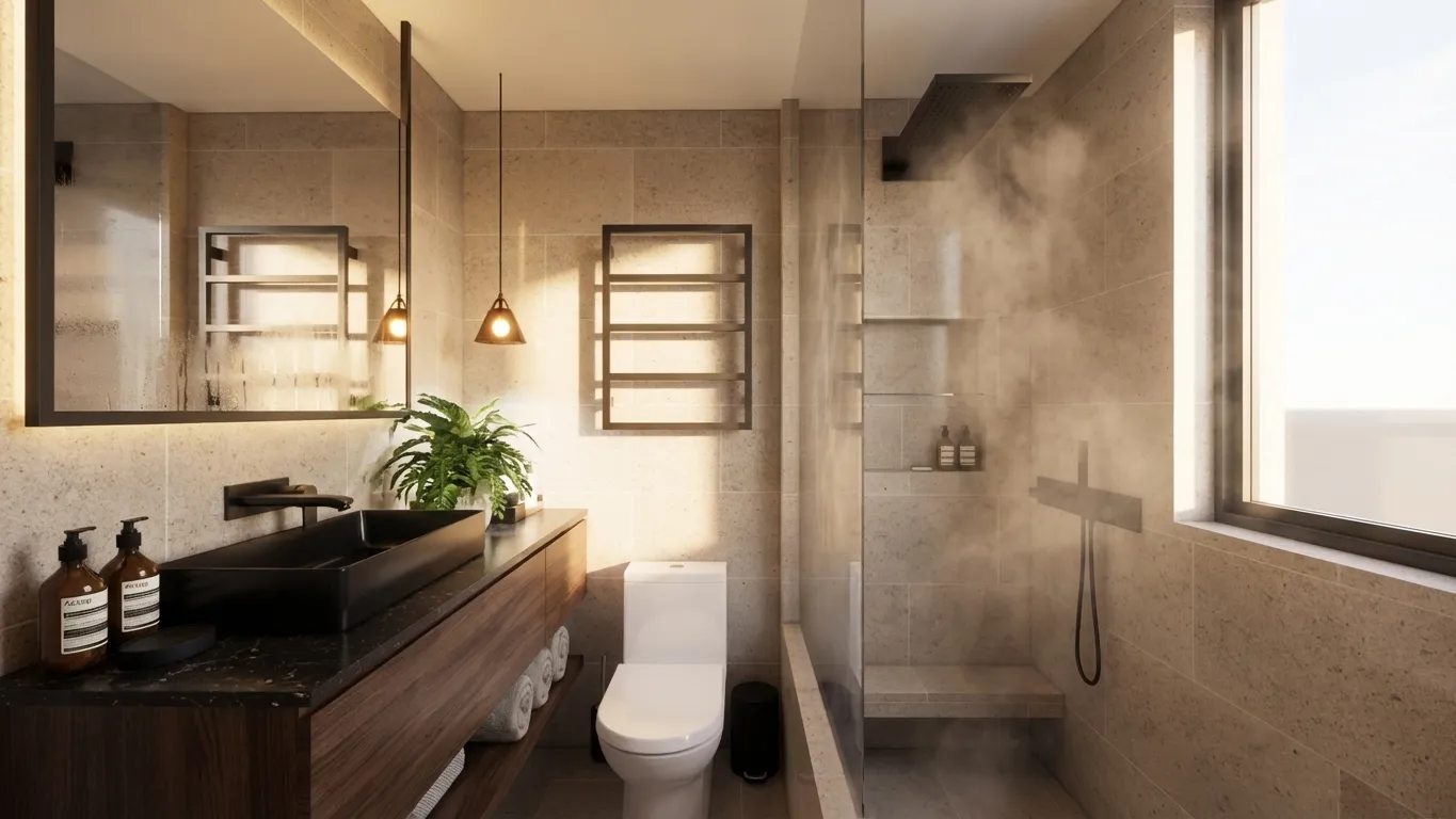 Bathroom with a black stone countertop basin and shower area