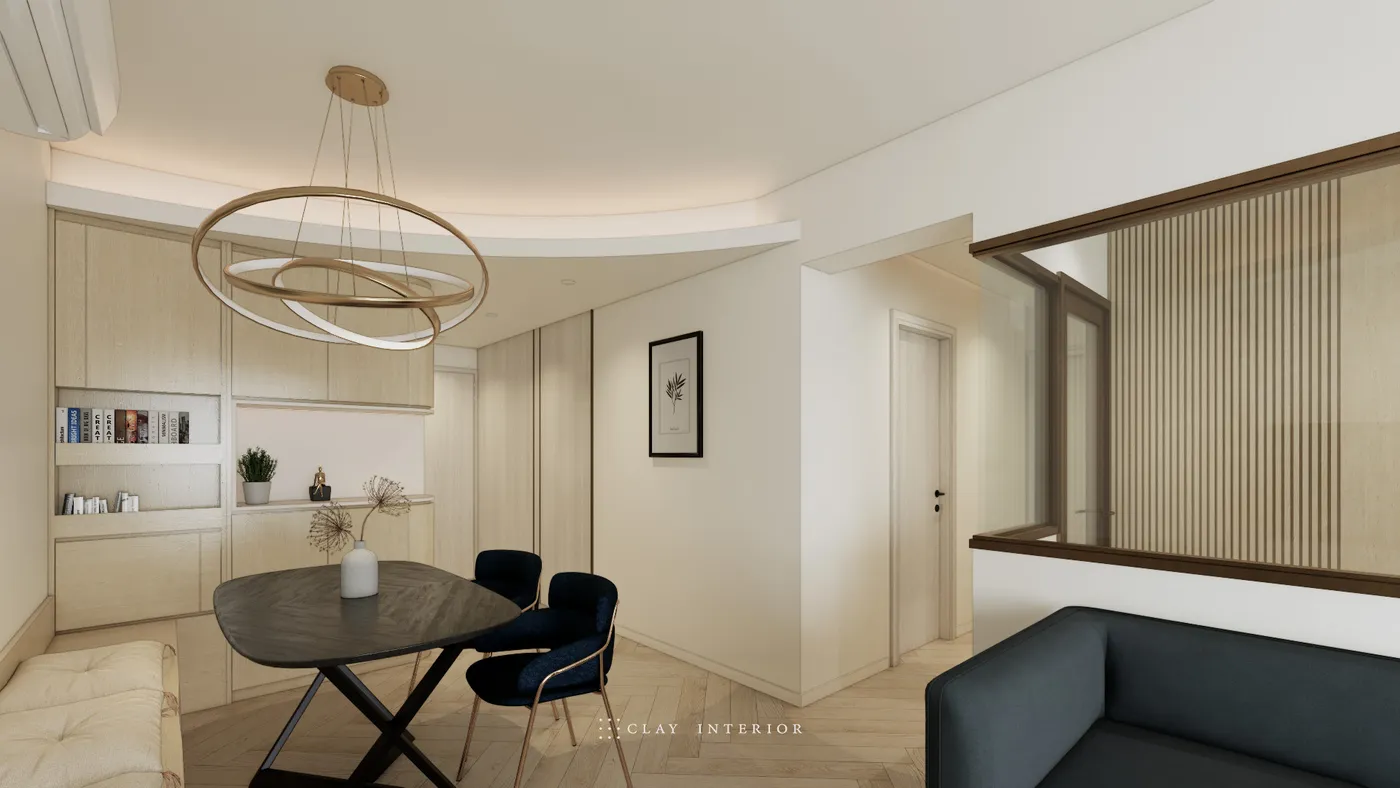 Dining area pendant light and open wood-grain shelving with wall art