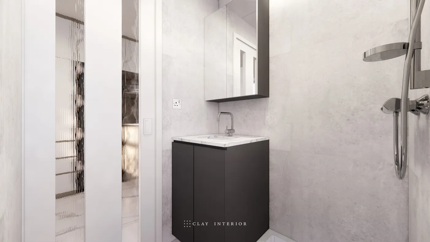 Bathroom black vanity unit with marble countertop and fluted-glass sliding door