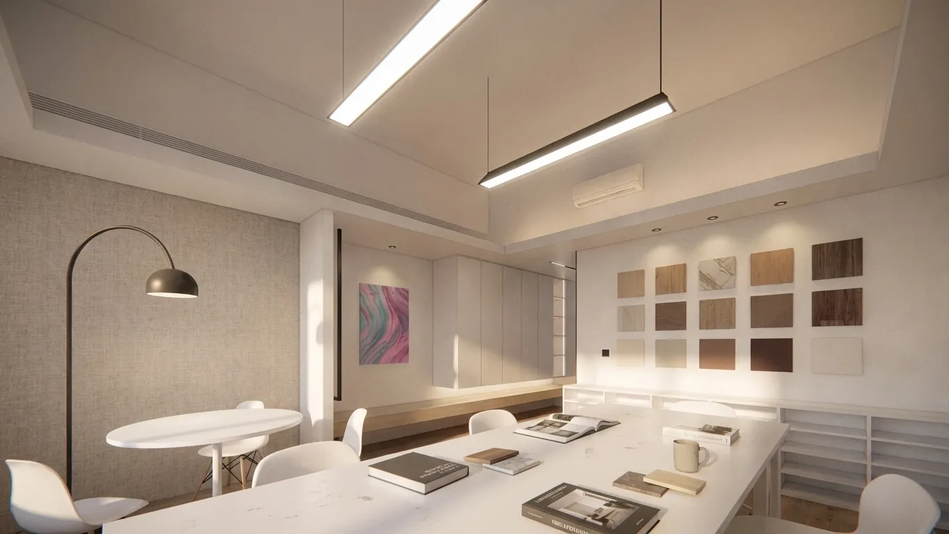 Materials sample wall and reading corner with a round table, white chairs, and a floor lamp