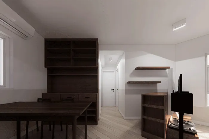 Dining area with a full-height dark timber shelving unit beside the corridor
