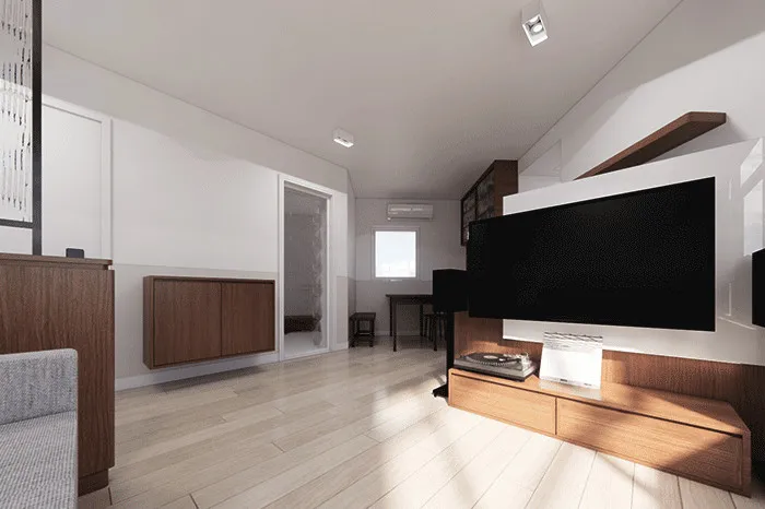 TV wall with a timber low cabinet, a floating wall cabinet and a shelf