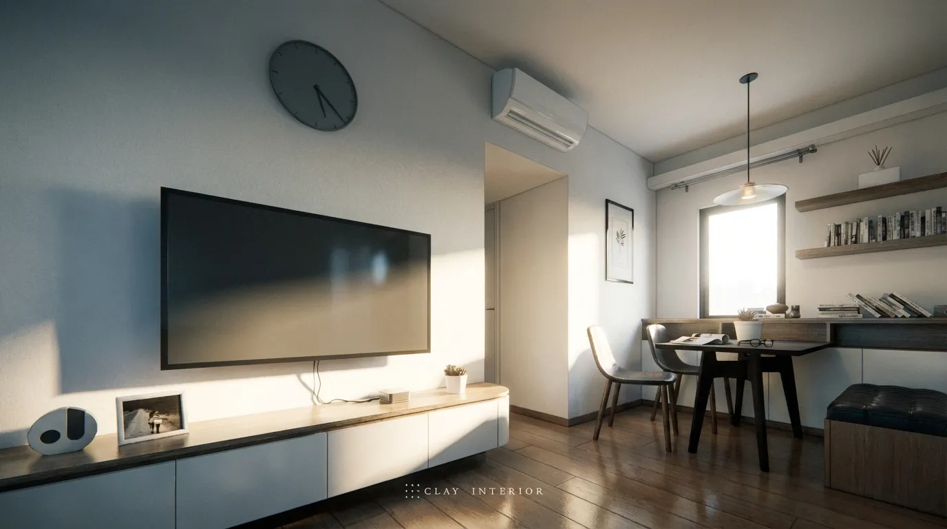Living room TV wall and study desk, with a white TV cabinet and wood flooring