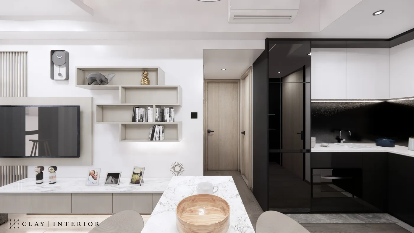 Living room TV wall with modular shelving, opening toward the corridor and open-plan kitchen