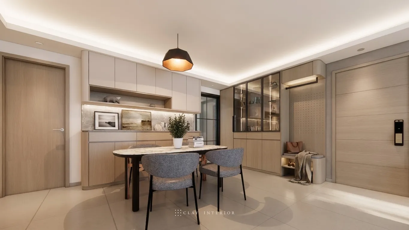 Dining area with round table and glass display cabinet
