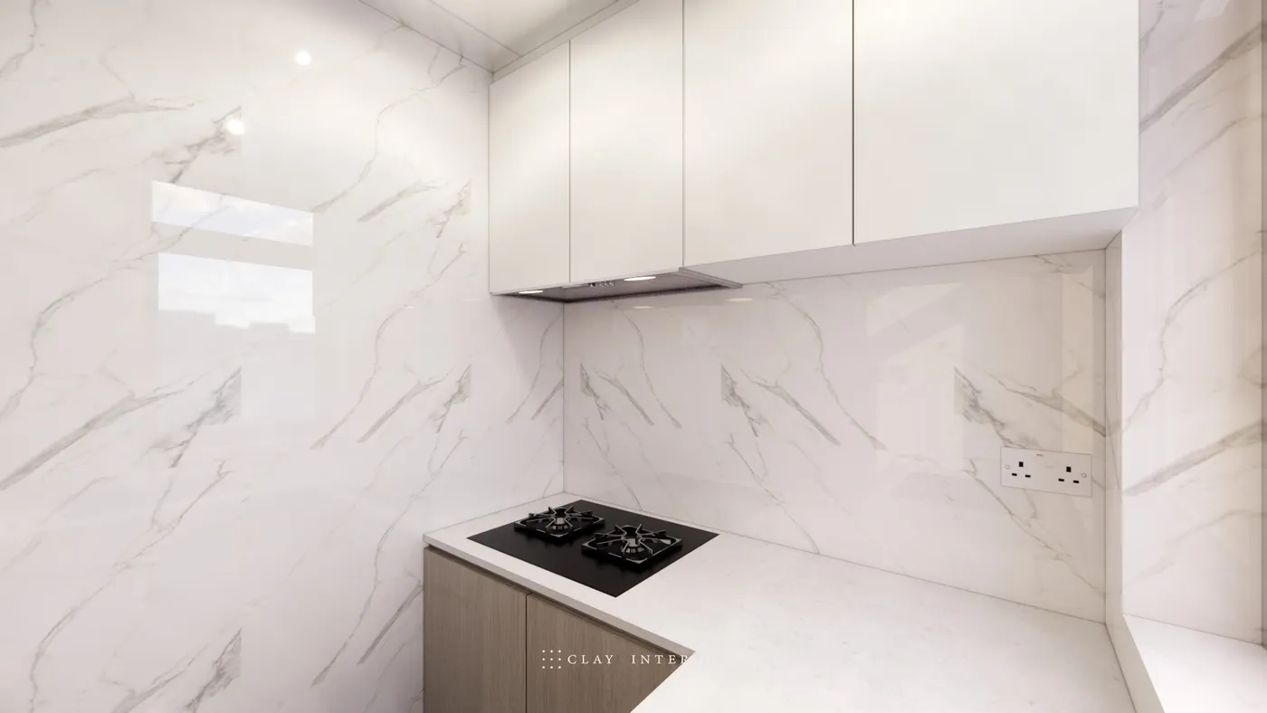 Kitchen stove and range hood, set against marble-effect tiling