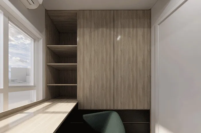 The window desk from another angle, with open shelving beside a timber wardrobe