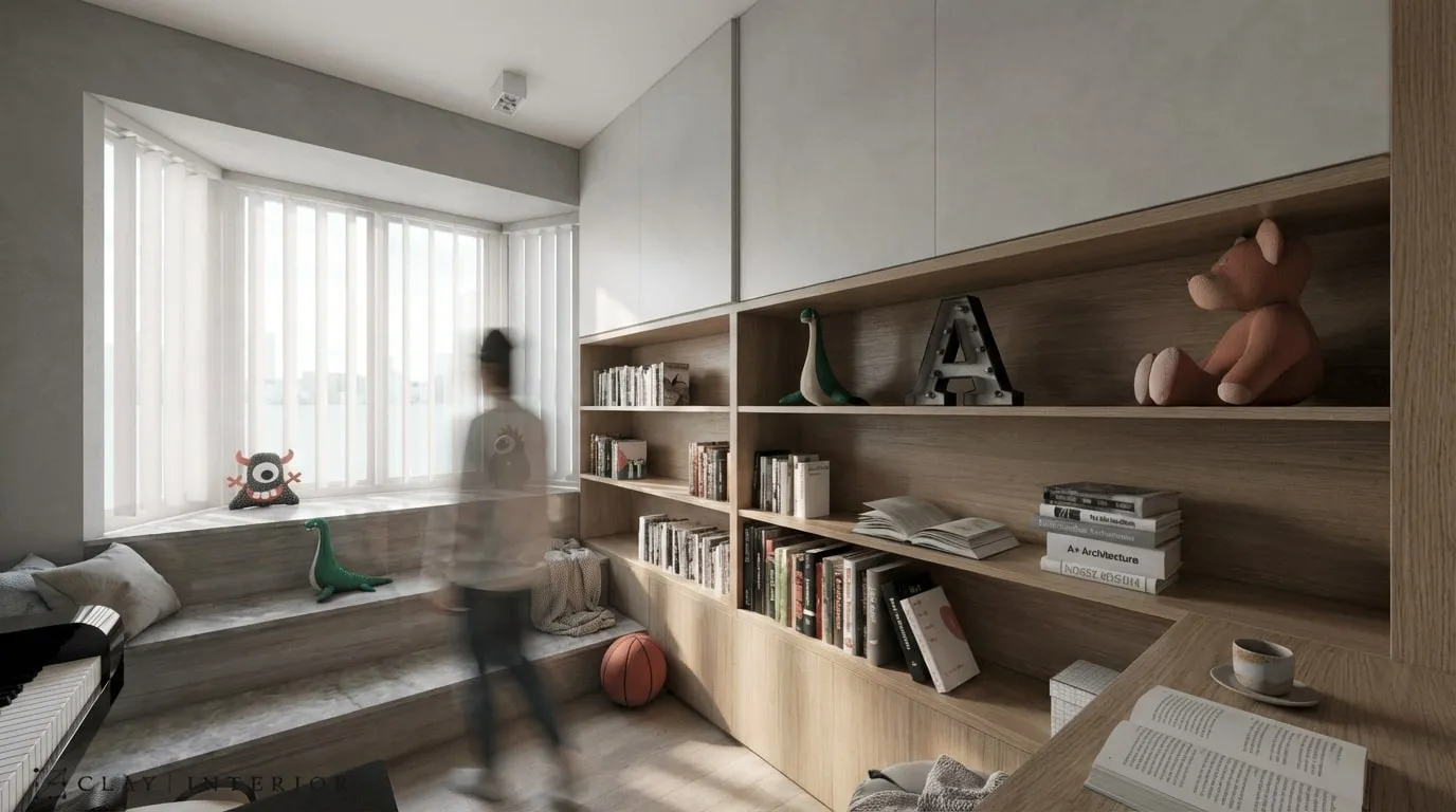 Study with a cushioned window platform and long timber and white open shelves holding books and toys