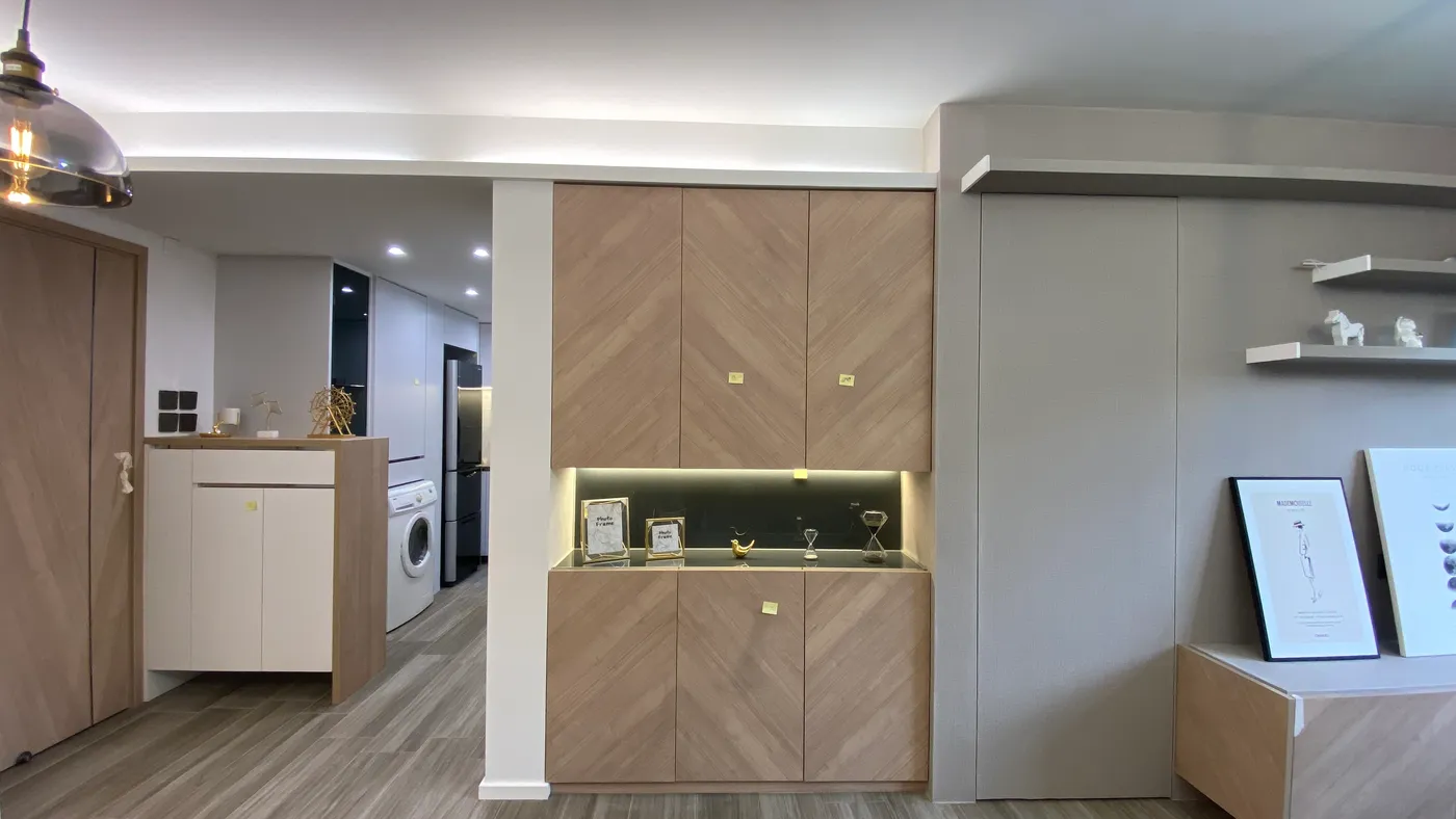 Entryway and dining area storage cabinet with wood-grain herringbone cabinet doors and display shelving