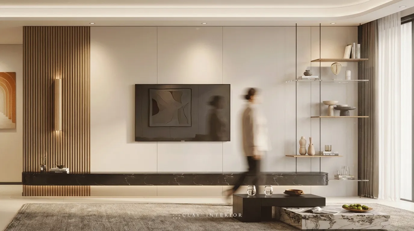 Living room TV feature wall with wood-slat panelling and open display shelving