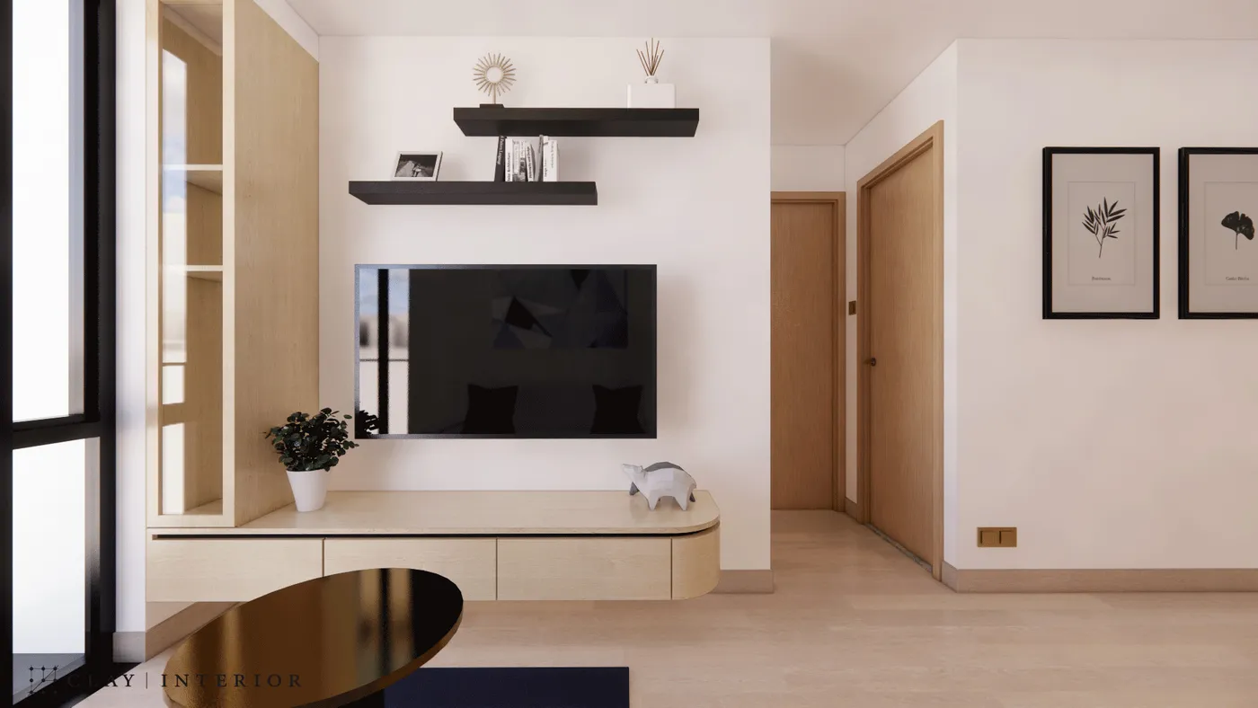 Living room TV wall design, with wood-grain cabinetry and black floating shelf