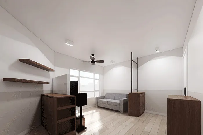 Living room with floating timber shelves, dark timber low cabinets, a sofa by the window and a ceiling fan
