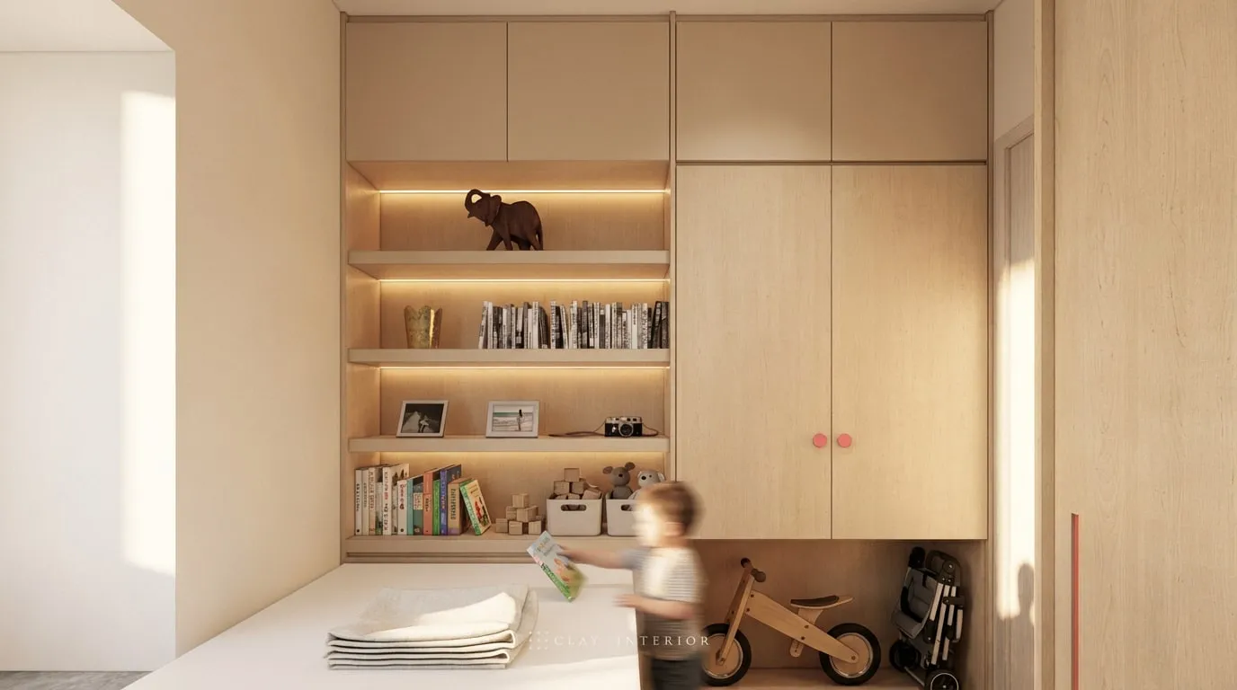 Lit open shelves at the foot of the bed beside a pale timber full-height wardrobe with pink handles and an open base