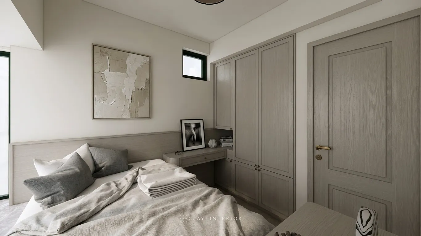 Bedroom with a grey-toned wardrobe, a window-seat bed platform and a desk