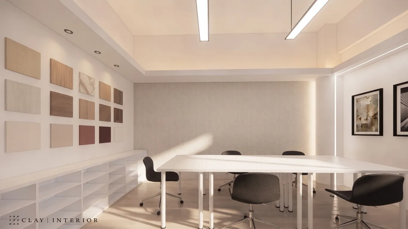 Inside the meeting room, with a wall of wood-grain material samples and a central table with black chairs
