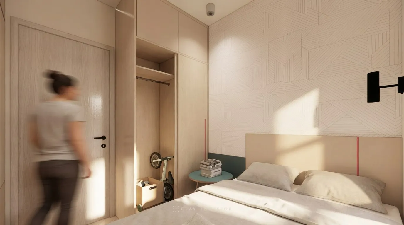 Bedroom headboard in pale timber with a linear relief, and the door matched to the wardrobe