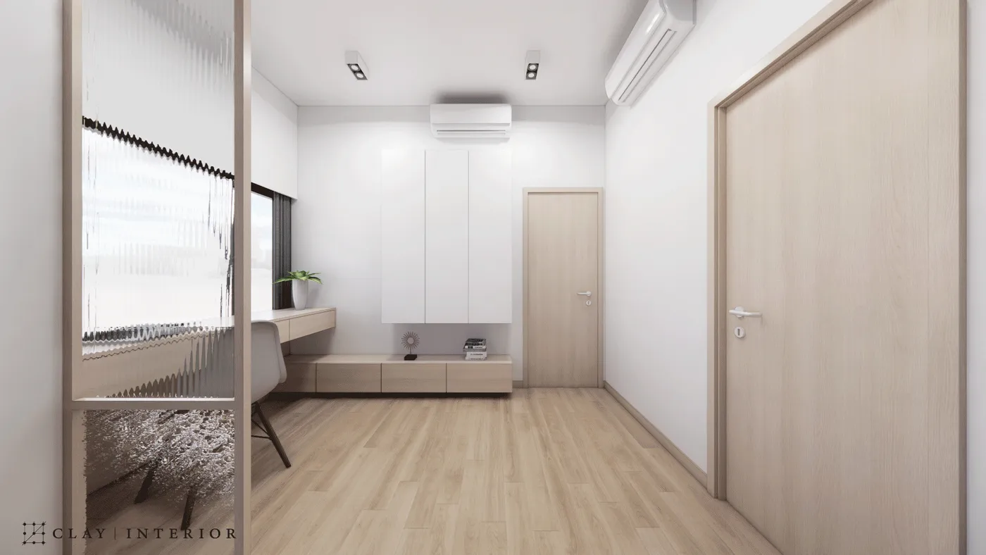 Multi-purpose desk beside a floor-to-ceiling white wardrobe