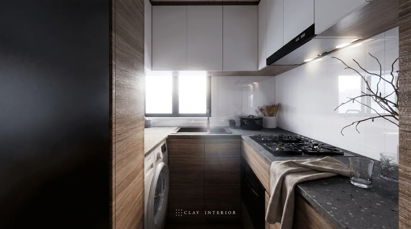 Kitchen cooking area with a dark countertop and wood-grain cabinetry