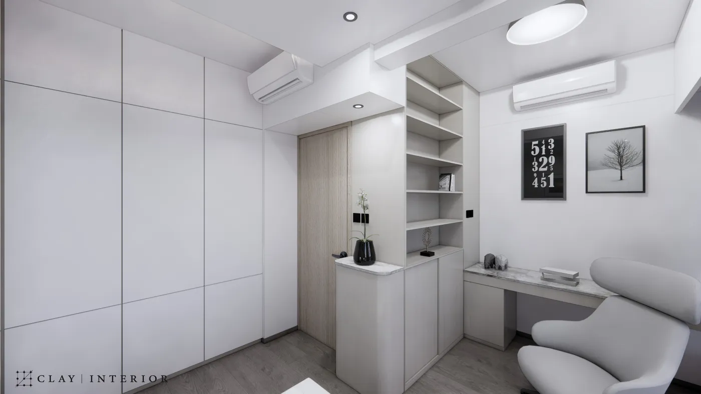 Study with a white full-height wardrobe, open bookshelves, and a work desk