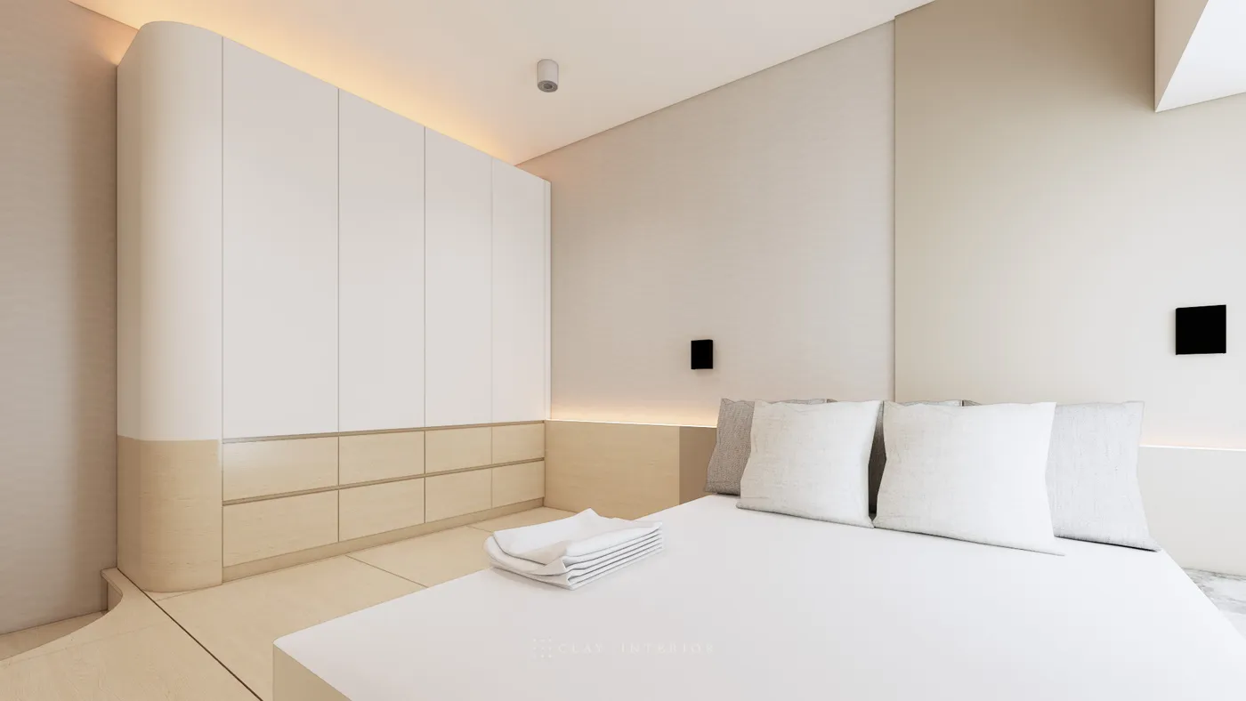Master bedroom curved wardrobe design, white cabinetry with wood-grain storage compartments