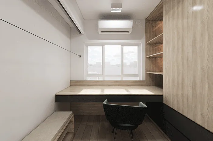 Window desk with timber shelving and a full-height wardrobe