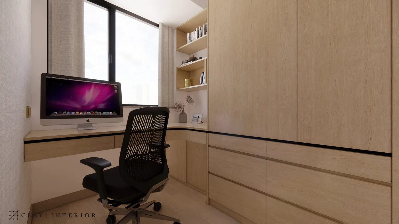 Multi-functional work nook built into the bedroom, with wood-grain bookshelf and full-height wardrobe