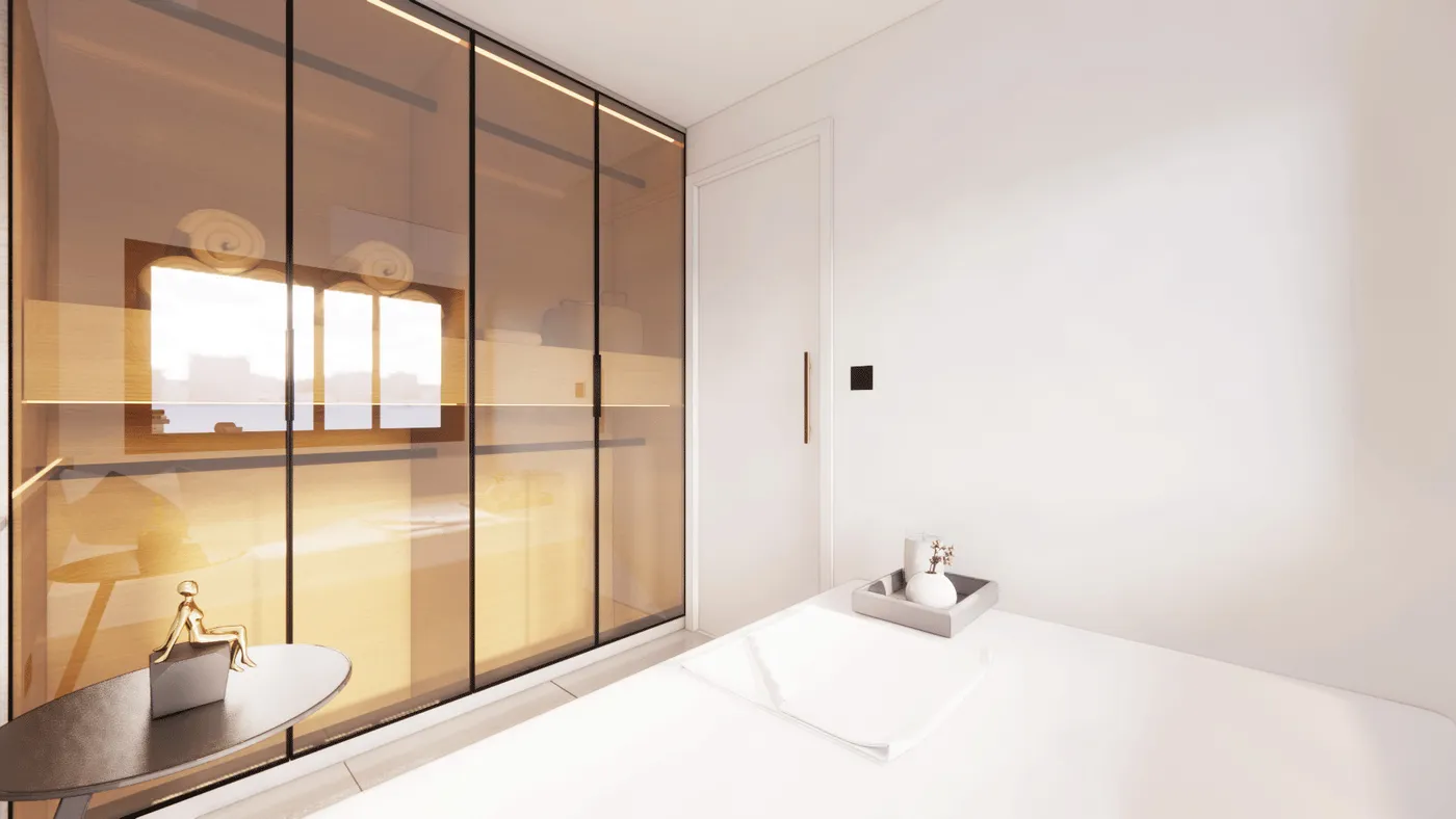 Bedroom wardrobe interior and bedside table