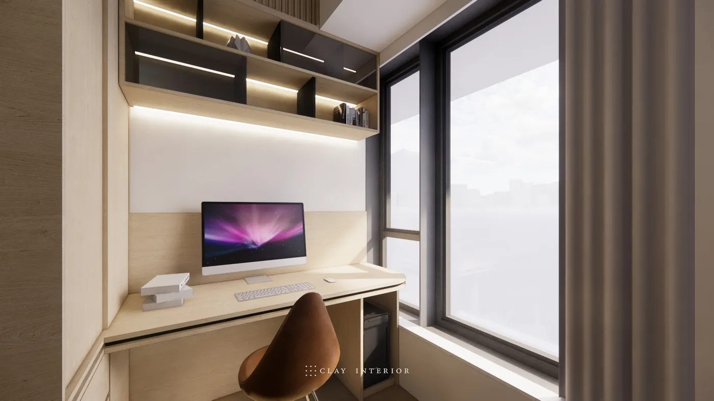 Study desk with wood-finish shelving and a light strip
