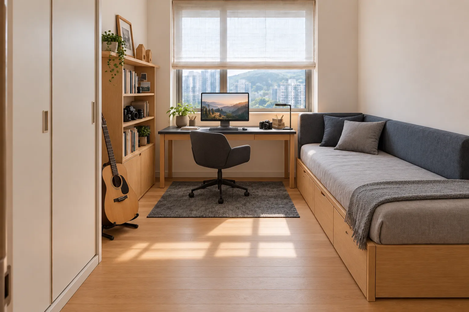 The same room for a teenager: blue-grey upholstered daybed, graphite worktop with monitor and adult chair, tall bookcase and a guitar beside it