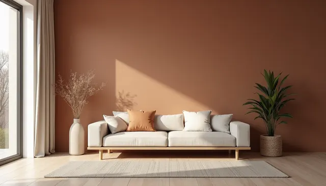Eye-level view of a modern living room with natural clay wall finishes