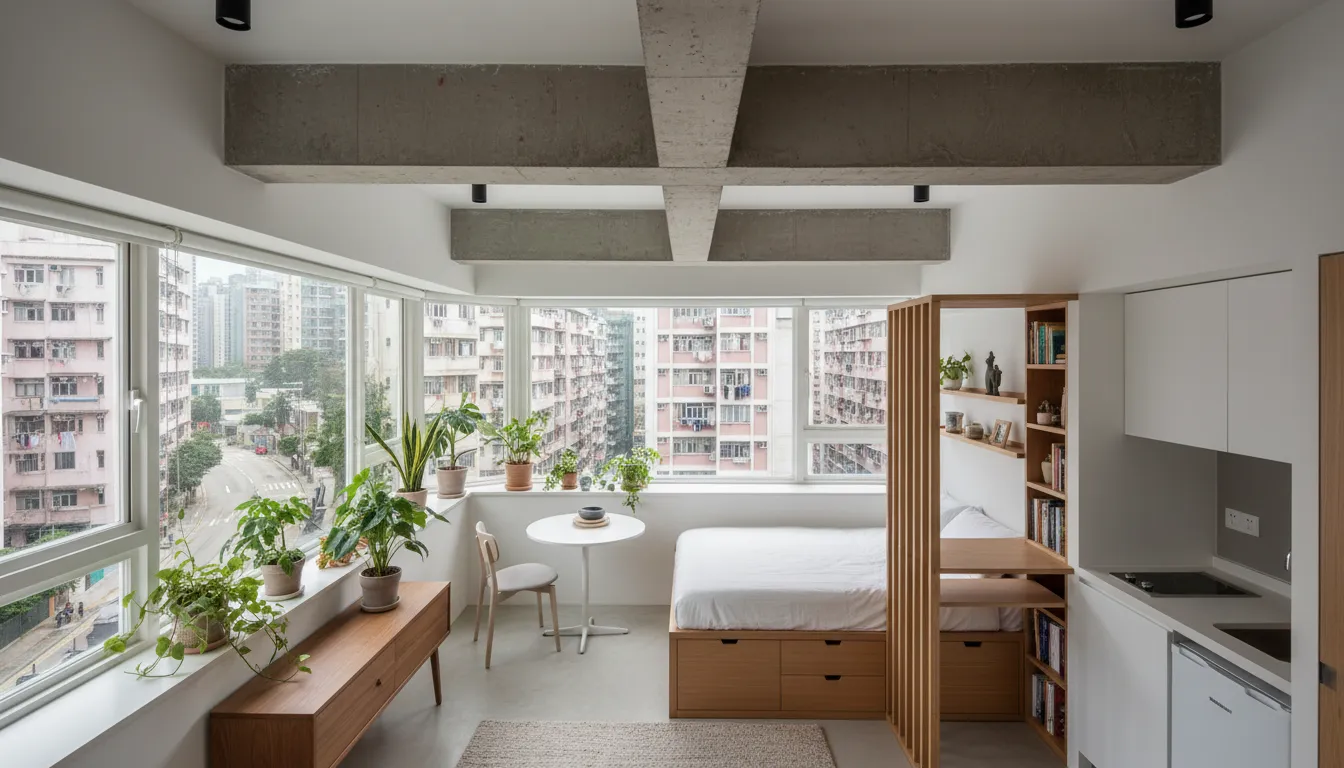 High angle view of a renovated compact apartment with natural light and plants