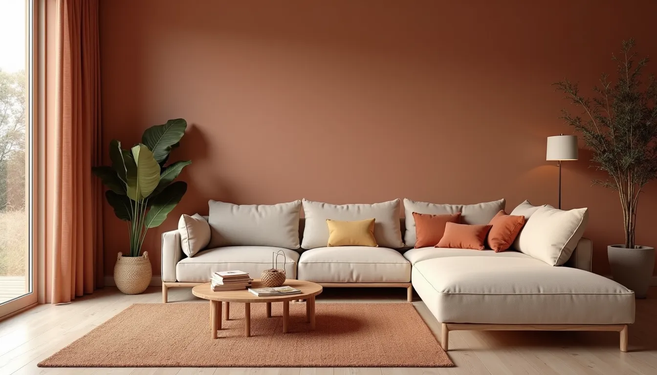Wide angle view of a cozy living room with clay interior design elements