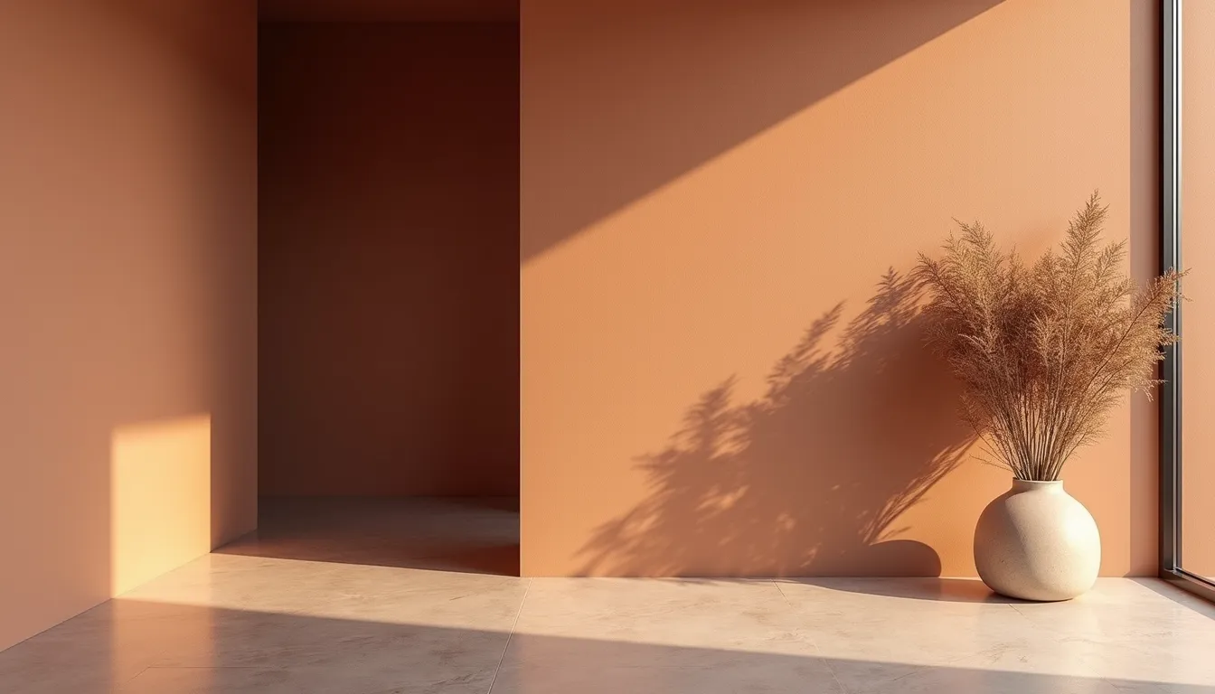 High angle view of a clay textured wall in a minimalist interior