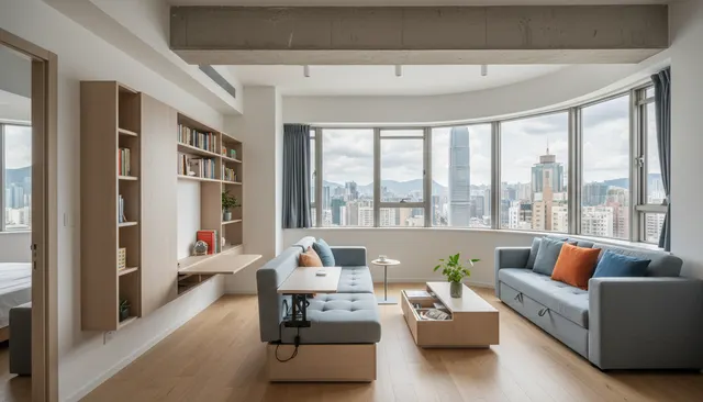Eye-level view of a compact living room with multi-functional furniture