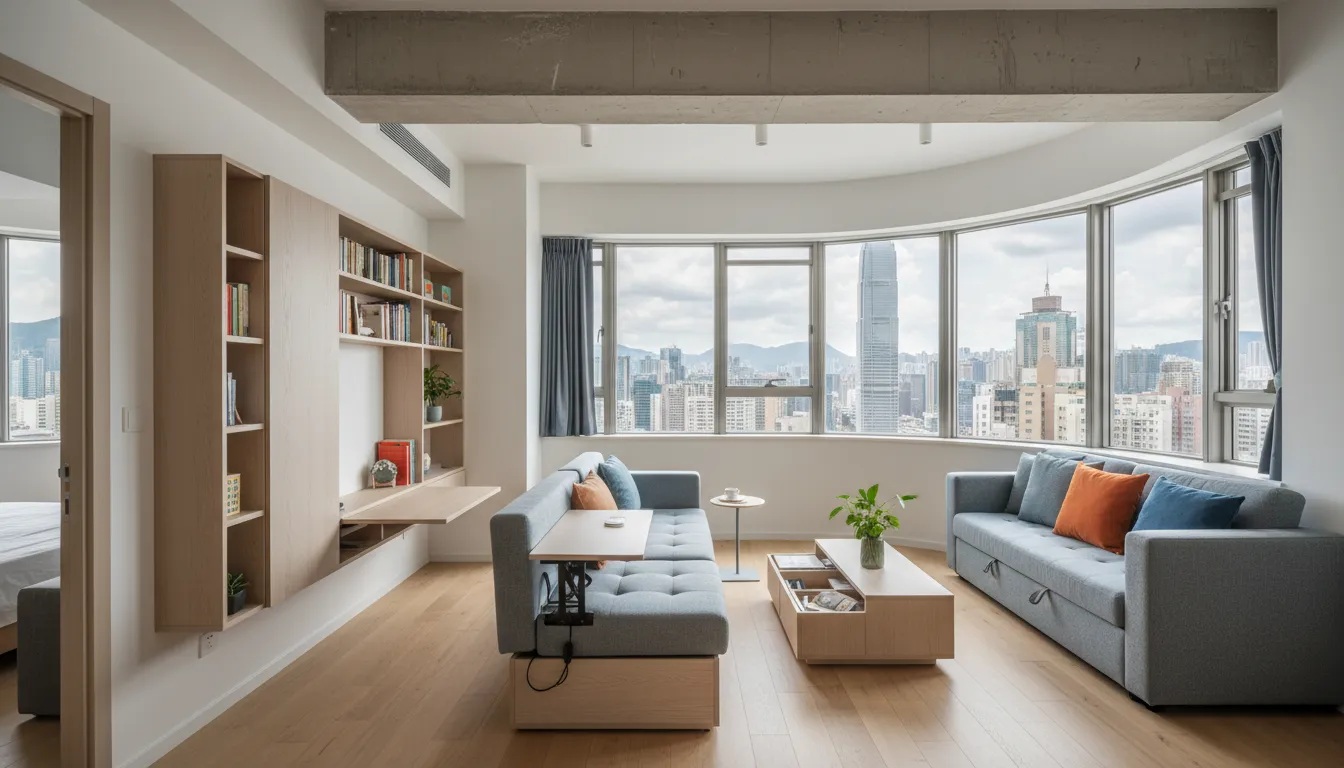 Eye-level view of a compact living room with multi-functional furniture