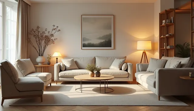Eye-level view of a modern living room with minimalist furniture and warm lighting